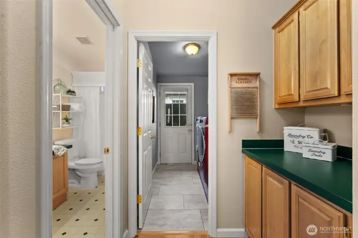 Convenient layout connecting bath, and laundry area.