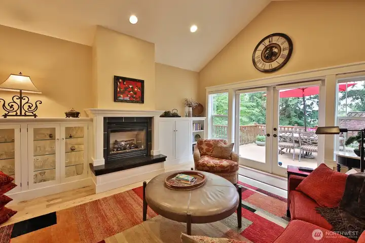 Buit-in cabinetry. French doors out to deck.
