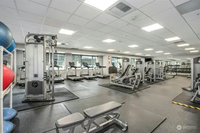 Full-service complex with huge gym & sauna, locker room with ping pong table, 18-person theater room, conference room, party room and reservable guest suite