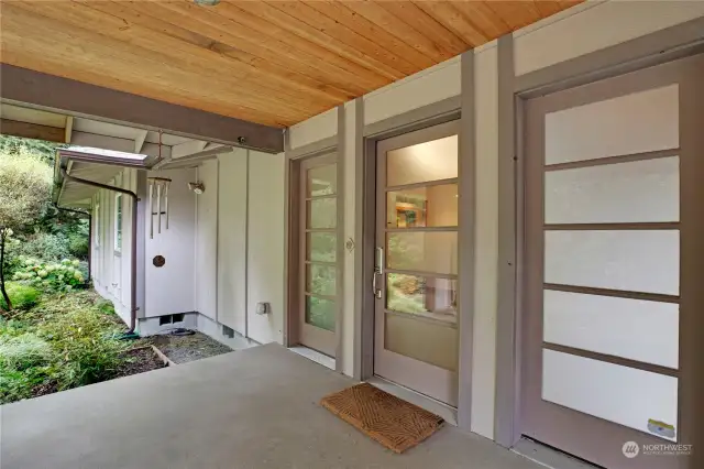 Beautiful clear finished wood details in the covered entry