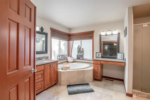 Primary bath with soaker tub and extra vanity