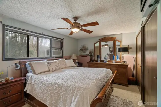 Large primary bedroom with double closets and the large windows bringing in the natural light filtering through the hillside trees.