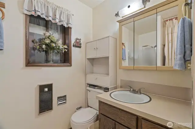 Downstairs bathroom has sink, toilet and shower, plus washer and dryer and hot water heater live here as well.