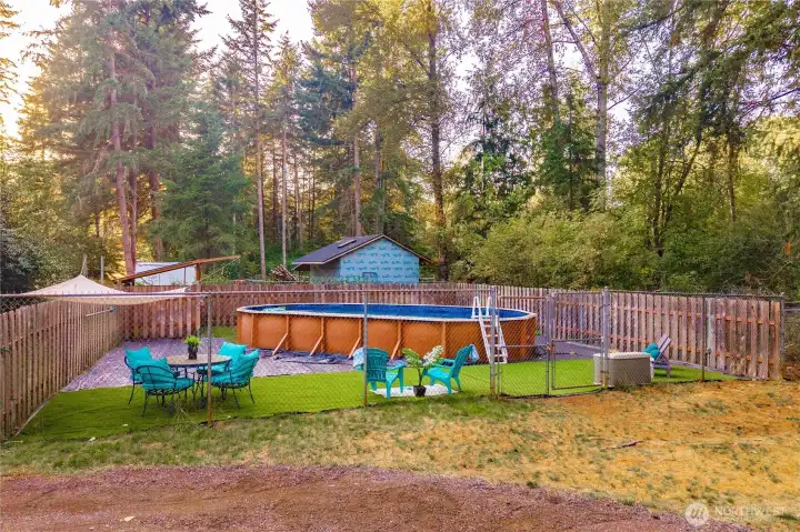 The pool is a 15ft x 32ft doughboy stainless steel above ground pool. It is 15,000 gallons with a new sand filter and pump. There is an industrial propane heater that needs repairs to heat the pool.