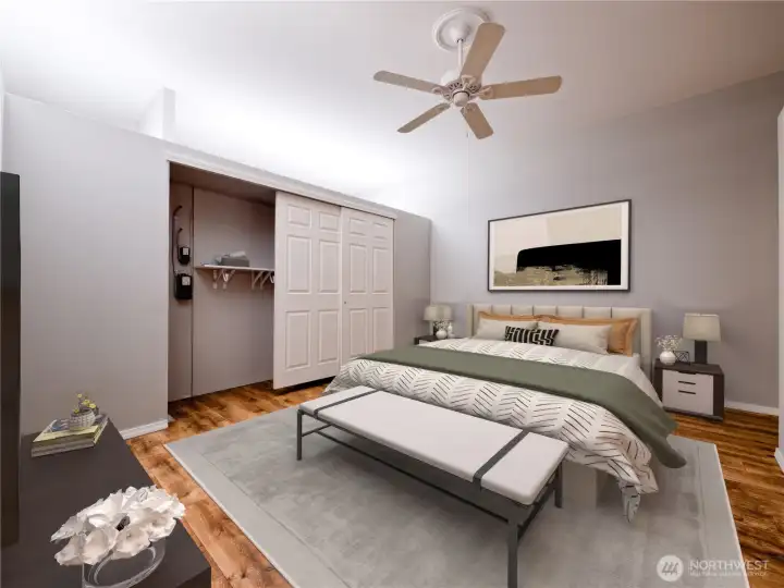 Primary Bedroom with double closets (virtually staged)