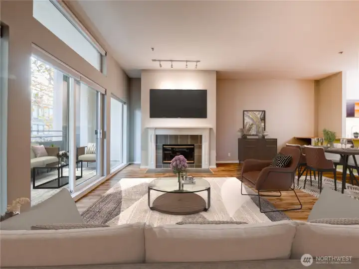 Living Room with wood fireplace (virtually staged)