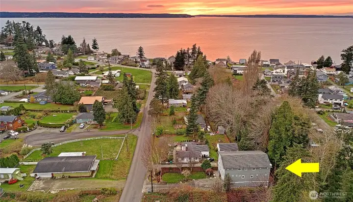 Aerial shot ~looking out at Saratoga Passage, Whidbey Island & the Olympic Mountains to the left.