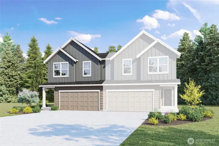 Cypress Plan Marketing Rendering - Depictions of homes or other features are artist conceptions. Hardscape, landscape, and other items shown may be decorator suggestions that are not included in the purchase price and availability may vary. No view is promised. Views may also be altered by subsequent development, construction and tree growth and landscaping.