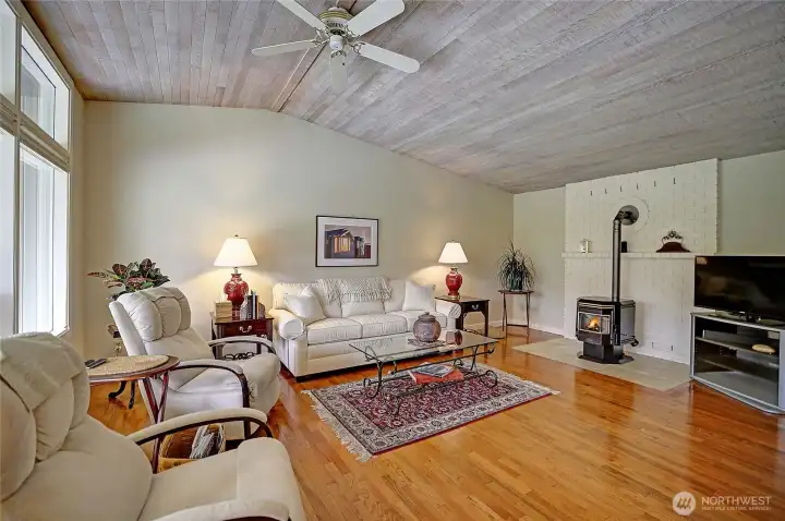 Pellet Stove/Fireplace, Vaulted Whitewashed Ceilings, and Rich Hardwoods~
