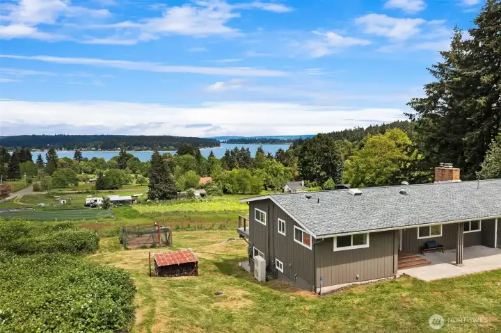 An everchanging panoramic view from the Olympic Mountain Range, to outer Quartermaster, the Burton Peninsula, across the Portage isthmus to downtown Seattle - all the way to Mount Baker on a clear day.
