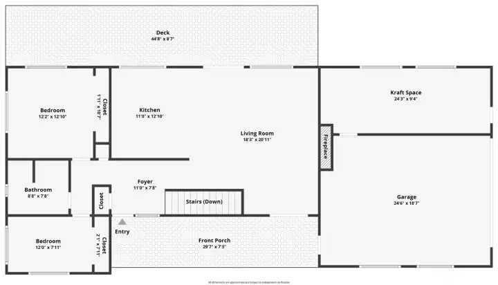 The main level floor plan shows the connected garage and bonus room (labeled Kraft Space). The garage does not have an entrance into the home but you have a lovely covered front porch to keep you out of the weather on rainy days.