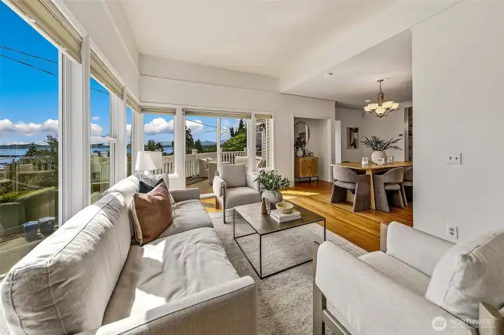 The living room immediately pulls you in wiht stunning views
