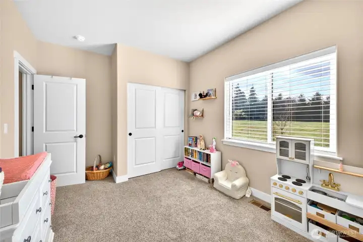 Spacious secondary bedroom with large picture window, ample natural light, and generous closet storage.