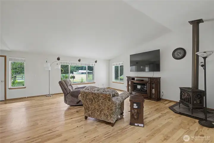 Another look at the living room. Propane free standing stove for those chilly evenings. Another look at the living room. Propane free standing stove for those chilly evenings.