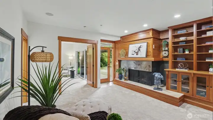 Primary seating area with gas fireplace