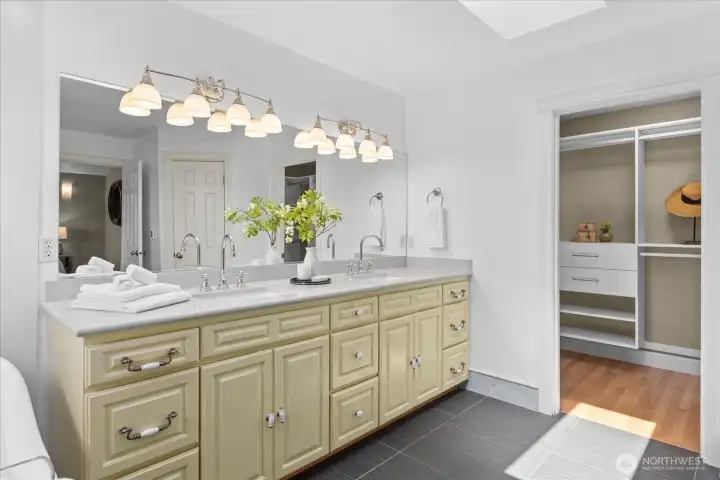 Primary bath with claw foot tub, stand alone shower, dual sinks and heated floors Primary bath with claw foot tub, stand alone shower, dual sinks and heated floors