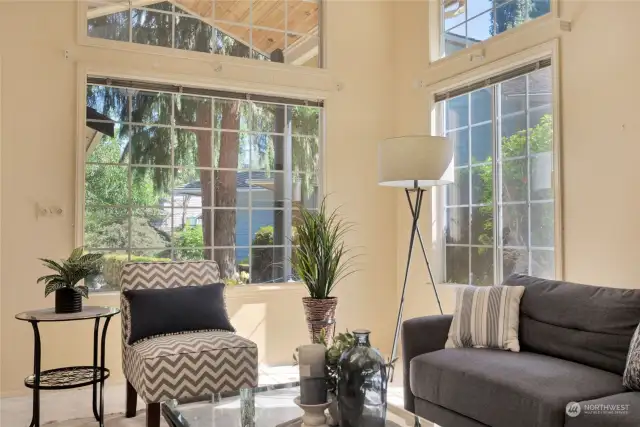 Two-story windows in the Living and Dining rooms.