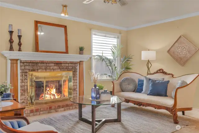 Wood burning fireplace in the family room.