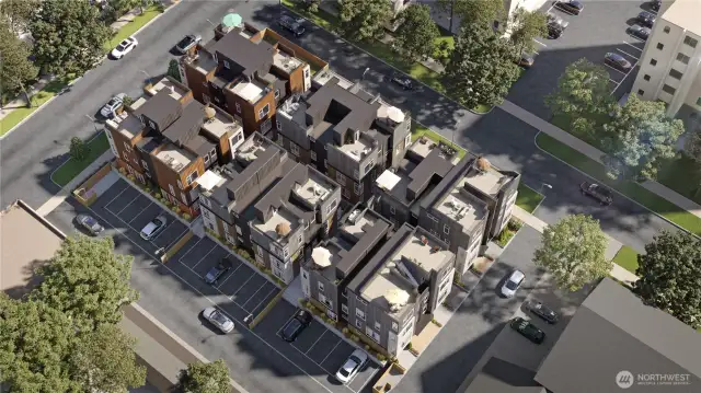 Artistic rendering of the project from above showing parking stalls