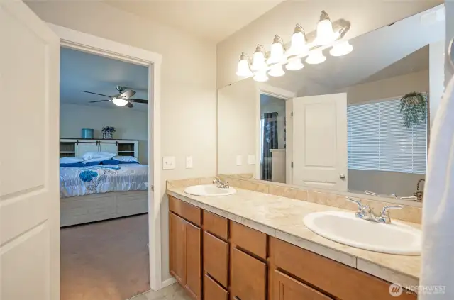 Primary ensuite view into the primary suite. Look at all the counter space!