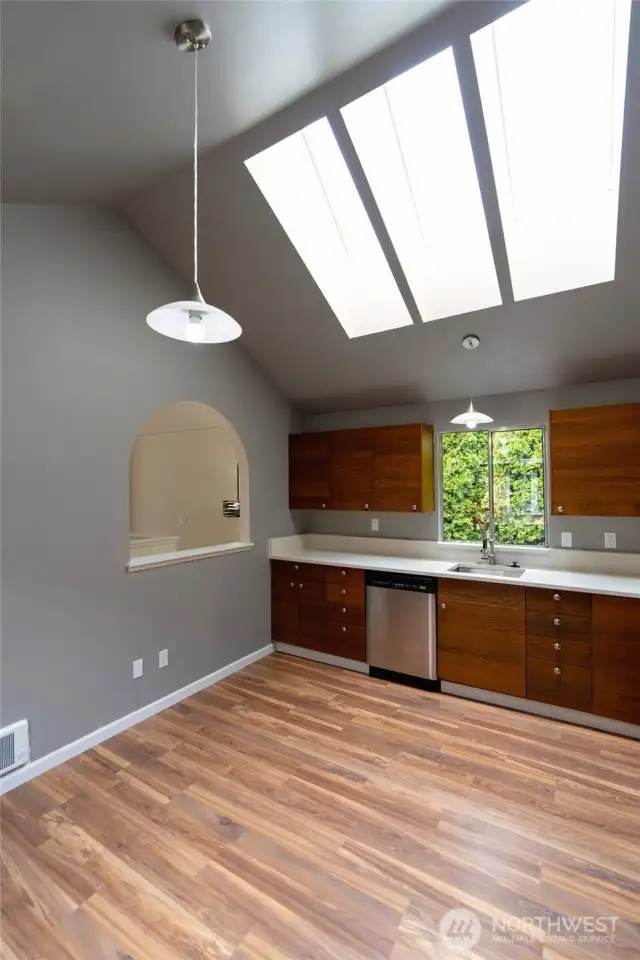 Nice skylights, vaulted ceilings new light fixtures and new quart counter tops.