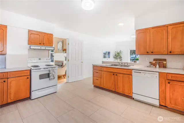 Huge kitchen with real wood cabinets.