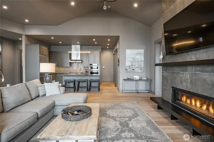 Living room looking into the kitchen.