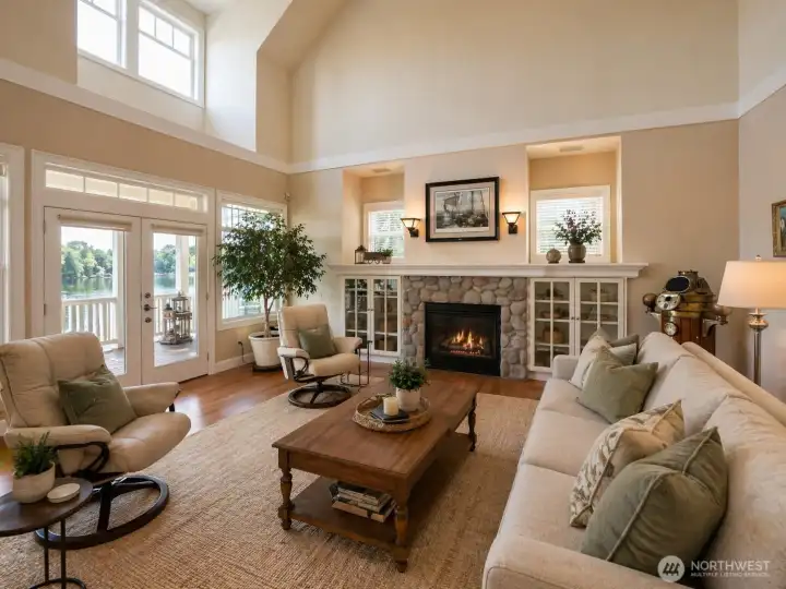 Built in 1997 and updated through 2025, the layout includes a flex room, three fireplaces, and a 3-bay garage with RV parking on a 0.548-acre lot. The main level features a chef’s kitchen with quartz and granite surfaces, including an AGA cookstove, connected to open living and dining areas with lake views. The primary suite includes a gas fireplace and a remodeled 2025 bathroom with heated floors and soaking tub. The lower level includes a private entrance, full second kitchen, and separate living space for flexible use. System improvements include geothermal HVAC, central A/C, and wired generator capability.