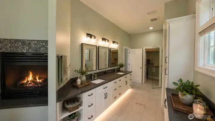 Remodelled 2025 Primary Bathroom with heated floors, under cabinet lighting, soaking tub & gas fireplace