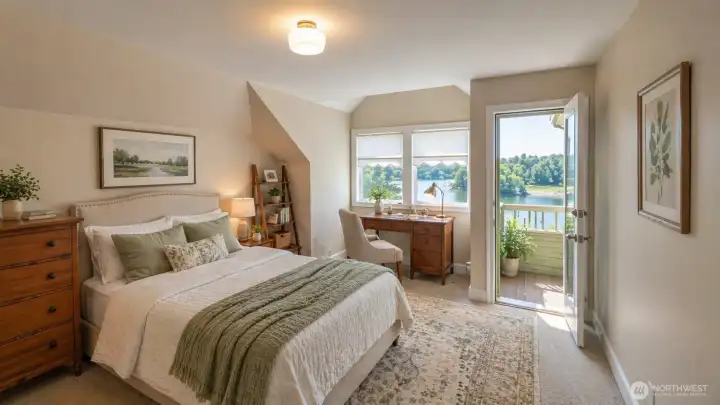 Upper floor bedroom with balcony overlooking the lake