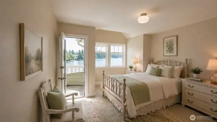 Upper floor bedroom 2 with balcony overlooking the lake