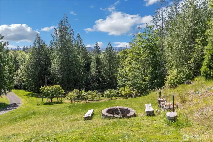 Fire pit with view of orchard below.