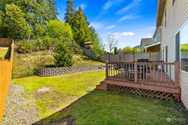 Spacious Backyard with deck and added privacy with green space behind home
