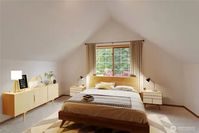 Primary suite has a bedroom area and a sitting area or changing area with closets and dressers.