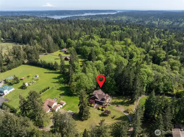 Aerial view of neighborhood.  Most homes in the area are on at least a couple of acres.  Country farm feeling.  Quiet road with no through traffic.  Near Colvos Passage boat launch in Olalla.