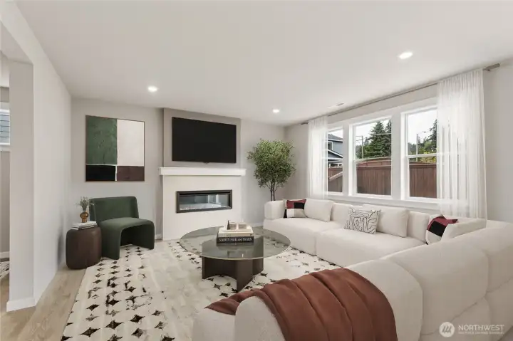 Spacious family room with cozy fireplace