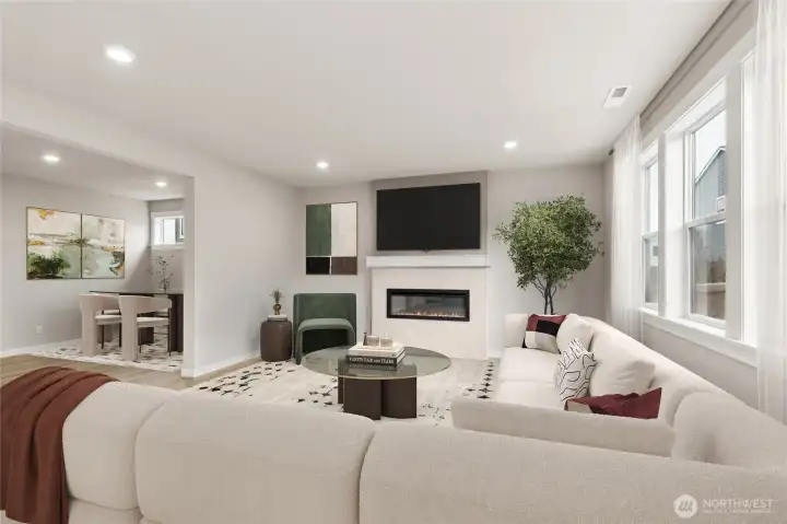 Spacious family room with cozy fireplace