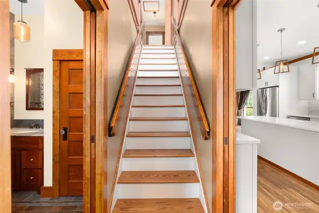 Kitchen to the right, bathroom to the left