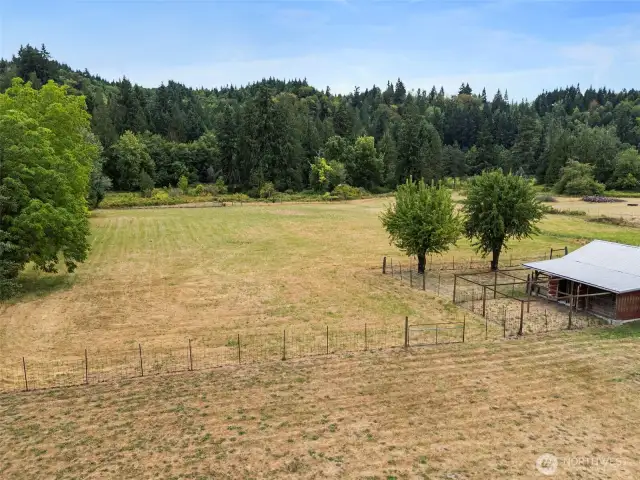 Chicken yard in the bottom right of the photo