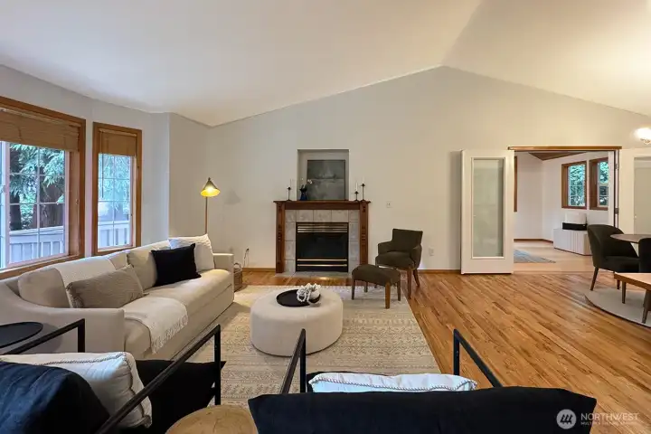 Hardwood floors, gas fireplace, lots of west windows