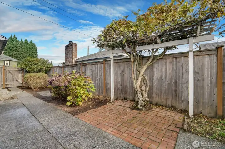 Tucked in the fully fenced backyard, this charming brick-paved nook sits beneath a mature, twisting tree with a rustic pergola overhead – the perfect shaded spot for a quiet sitting area, morning coffee, or evening glass of wine. Private, peaceful, and ready for your personal touch.