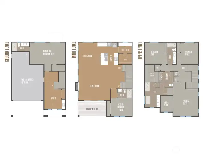 The Crystal Home Plan. Smartly designed layout with three finished levels, offering flexible spaces for today’s lifestyles. Features include an open-concept main floor for entertaining, a versatile lower-level bonus or guest suite, and an upper-level retreat with spacious bedrooms and a luxurious primary suite.  All photos, renderings, site maps, and floorplans are for visualization purposes only. Plans, colors, building orientation, finishes, home outlook, and other details can and WILL vary.