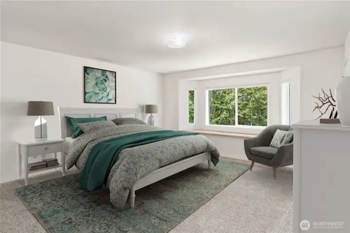 Expansive primary bedroom virtually staged