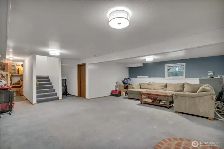 Another view of the finished basement featuring extra storage to the left. The door on the right leads to a finished bonus room, perfect for a variety of uses.