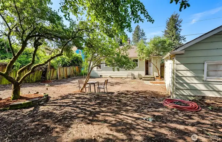 Back yard looking at home and garage Back yard looking at home and garage