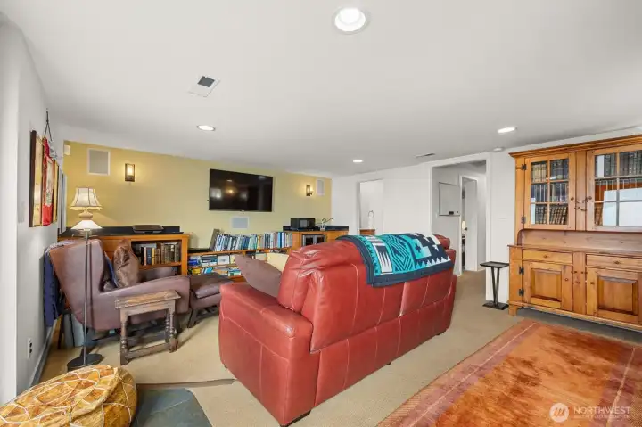 Another view of the large media/family room. Recessed lighting, surround sound.