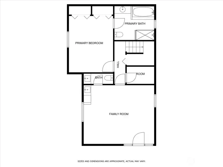 Lowel level primary bedroom privacy en-suite with soaking tub and separate shower.