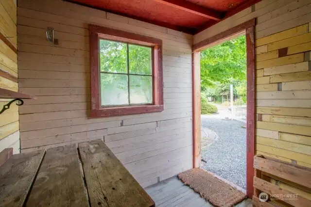 Inside wooden, garden/tool shed