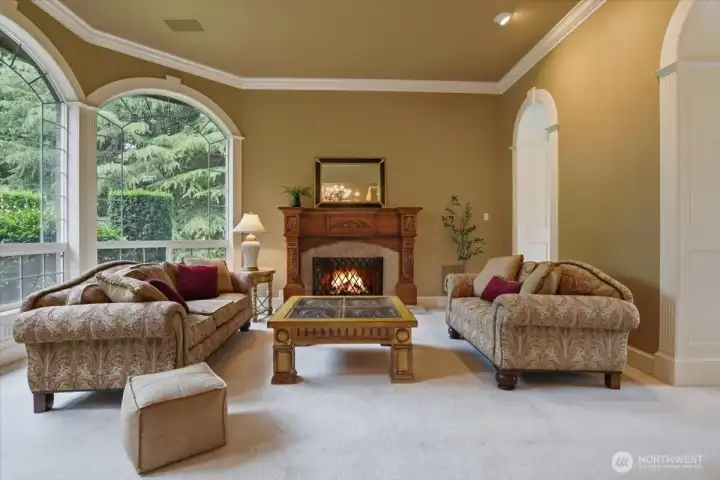 Living room, w2w carpet, fireplace, high ceilings, bay window, high-end trim & millwork Living room, w2w carpet, fireplace, high ceilings, bay window, high-end trim & millwork