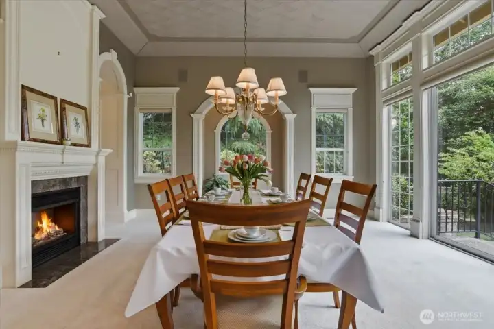 Formal dining room, w2w carpet, sliding door, patio access, custom combed ceiling, trim & millwork Formal dining room, w2w carpet, sliding door, patio access, custom combed ceiling, trim & millwork